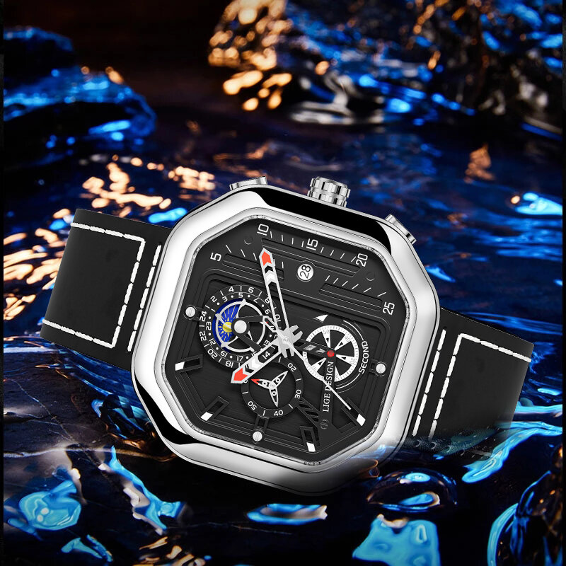 2022 lige luxo negócios homens relógios preto quartzo silicone pulseira esporte relógio quadrado à prova dwaterproof água 24 horas fase da lua reloj hombre