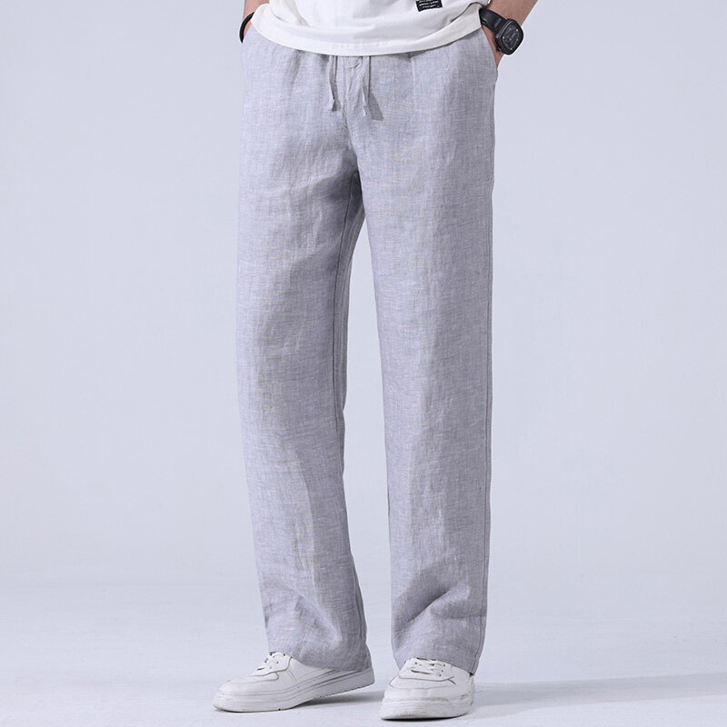Verão 2022 novo linho cor sólida calças de cintura alta em linha reta solta calças casuais masculinas finas