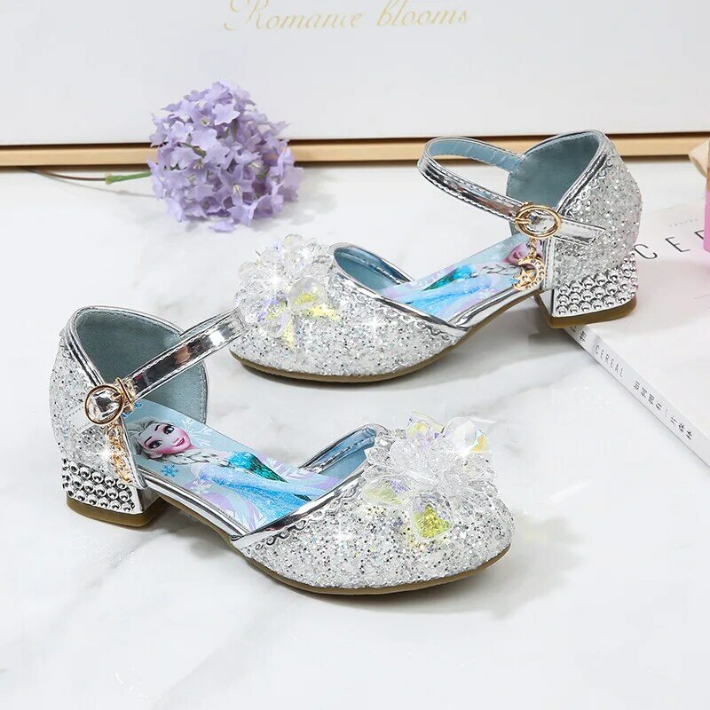 Disney-Sandalias de tacón alto de cuero para niñas, zapatos de princesa con lentejuelas, con cristales de Frozen, Anna y Elsa