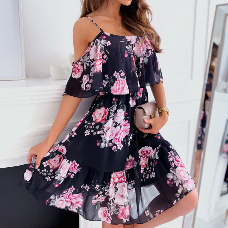 Floral impresso boho praia chiffon vestido feminino sem costas sexy verão 2022 ruffled fora do ombro casual elegante mini vestidos
