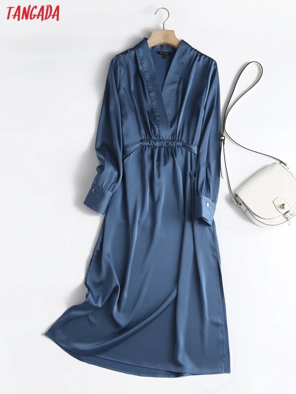 Tangada 2021 가을 패션 여성 우아한 새틴 드레스 긴 소매 사무실 숙녀 미디 드레스 슬래시 6D105
