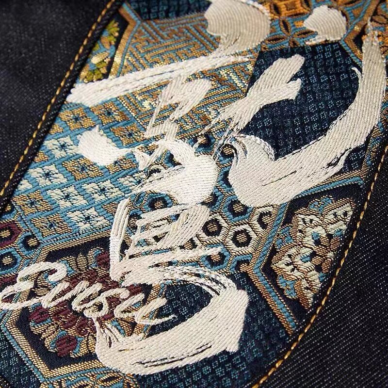 Japão estilo retro masculino japonês bordado tecer padrão impressão recortada magro grande m jeans streetwear rasgado vintage