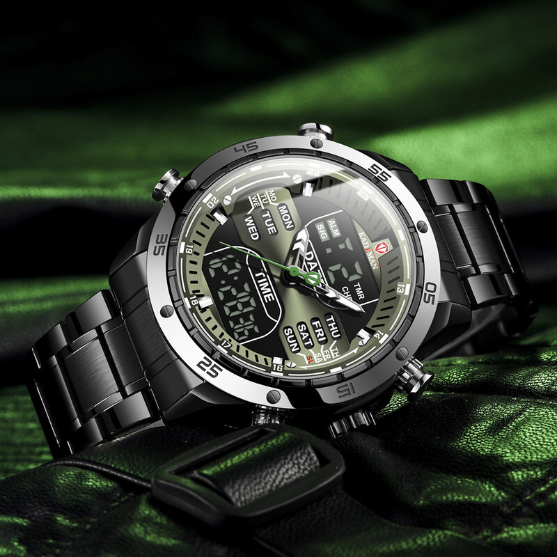 Orologi sportivi per uomo LED Dual Display cronografo multifunzionale cronometro orologio al quarzo con cinturino in acciaio impermeabile K9109