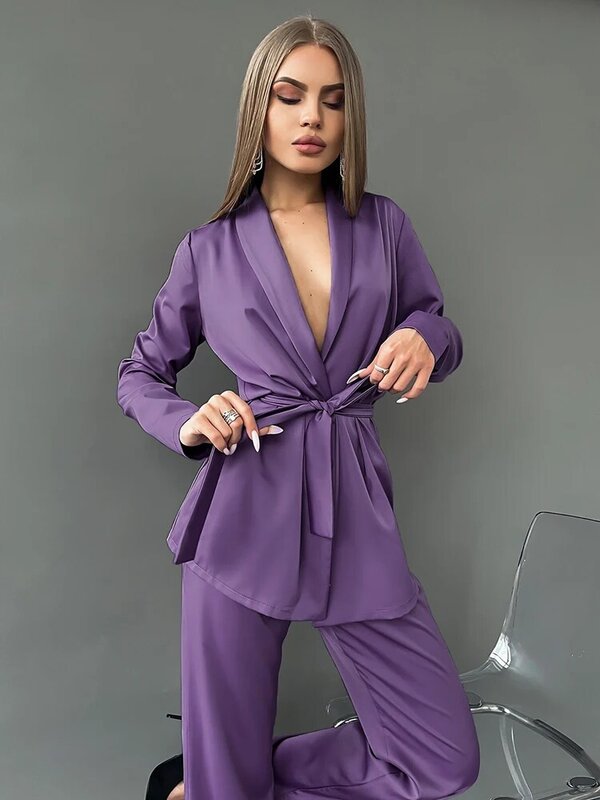 Hiloc-Pijama de corte bajo con fajas para mujer, traje de Casa Sexy con cuello vuelto púrpura, conjuntos de ropa de dormir de satén con pantalones, 2022