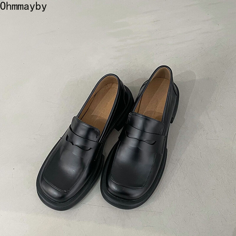 Sepatu Mary Jane Wanita Baru 2022 Sepatu Kulit Loafer Mode Slip Pada Ujung Persegi Wanita Elegan Sol Lembut Alas Kaki Wanita