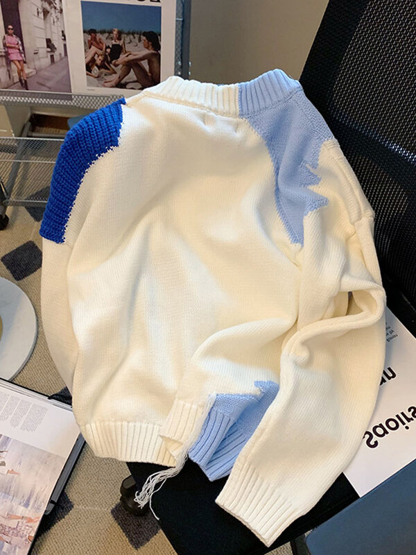 Suéter holgado de punto para mujer, jersey de moda japonesa, Color blanco, con diseño de bloque de Color y corazón, otoño e invierno, 2022