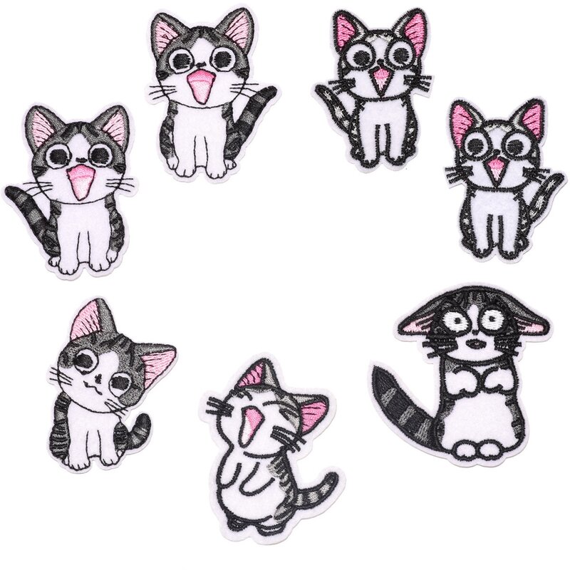 귀여운 고양이 시리즈 로고 DIY 다림질 패치 7 개, 의류 재킷용, 철제 자수 패치 아플리케, 티셔츠 배지 장식