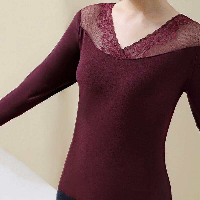 Fashion Bottoming Blouse V-Neck Warm Double Layer Derong Fabric Patch Bottoming Blouse  Stretchy Winter Undershirt for Work