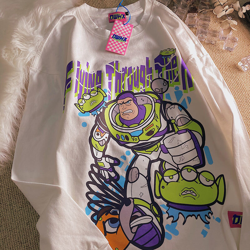 Speelgoed Storyed Amerikaanse Cartoon Anime Kleding Buzz Lightyeared Trui Vintage Tieners Lange Mouw T-shirt Hip Pop Streetwear Y2K