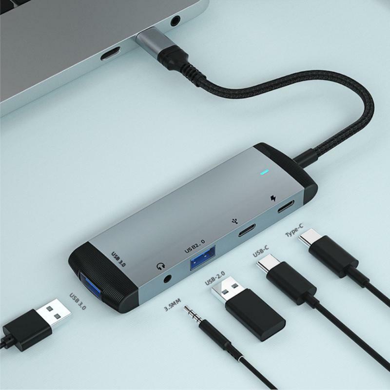 Hub Multiport Usb C 480mbps portabel, Hub Data 5 In 1 multifungsi dengan Audio 3.5mm Usb C adaptor alat kantor Usb 3.0 2.0