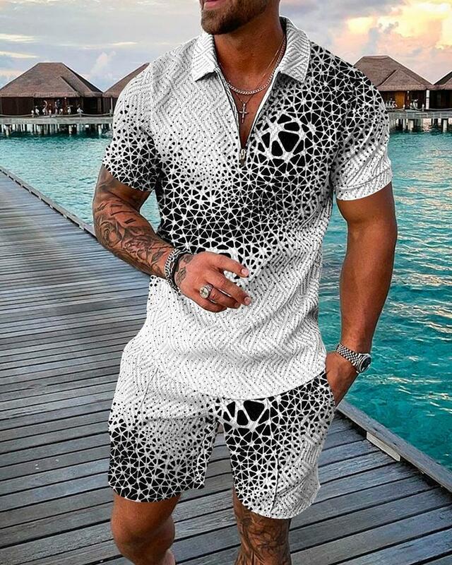 Tracksuit Men's Summer Short Sleeve Polo Shirt Beach Shorts 2 Piece Sets Oversized Streetwear 3D Printed Casual Sports Suit 2022
