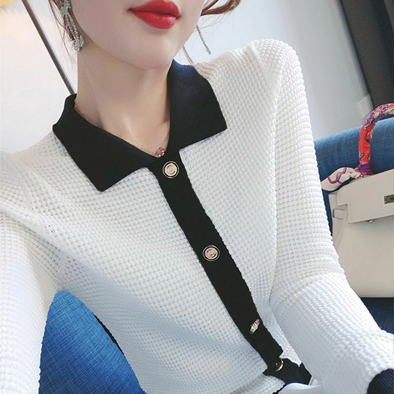Fashion Lapel Spliced Button Loose Knitted Blouse Women's Clothing 2022 Autumn New Casual Pullovers All-match Office Lady Shirt