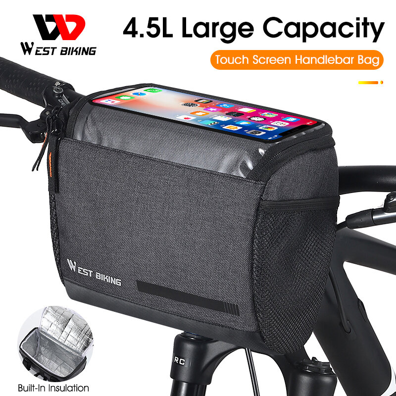 WEST BIKING-bolsa para manillar de bicicleta de 4,5l, accesorio para teléfono con pantalla táctil grande de 7,5 pulgadas, bolsa aislante para bicicleta de montaña o carretera