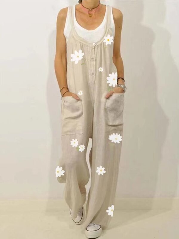 Woman Summer Jumpsuit Strap Pocket Floral Print Overalls Casual Pants Sleeveless Harajuku Loose Romper Retro Playsuit Oversize