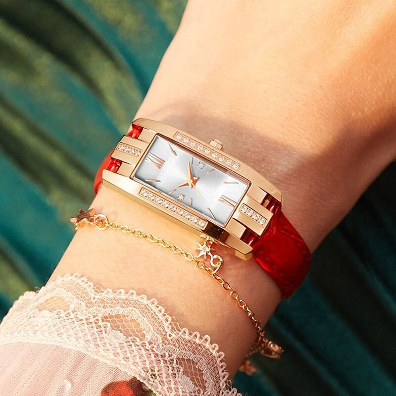 Reloj de pulsera cuadrado pequeño para mujer, pulsera decorativa con diamantes de correa roja, elegante, Retro, a la moda