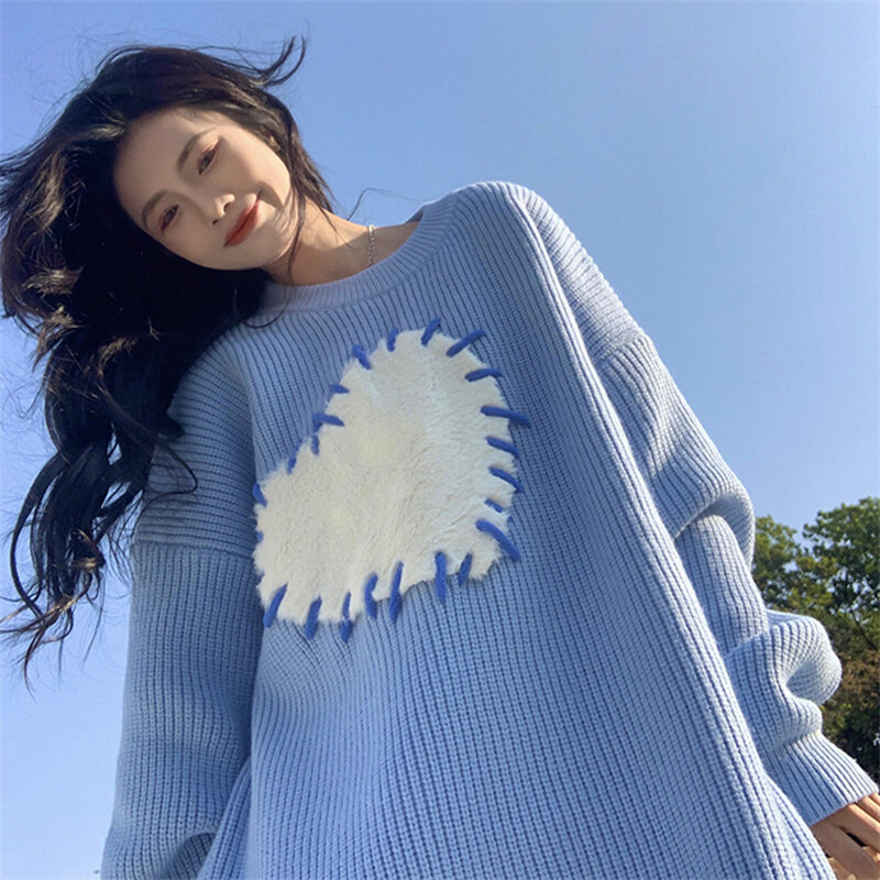 Chic Women's Clothing Korean Style Love Sweater Blue Loose Outer Knitted Pullover Autumn Winter Fashion Casual Oversize Sweater