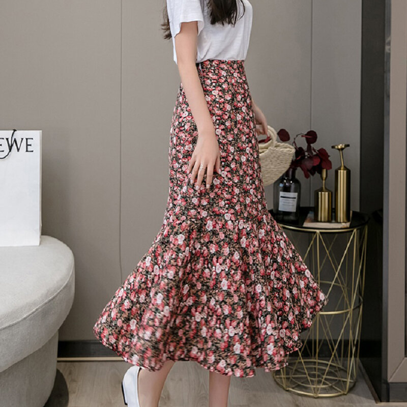 Wisher & Tong damska spódnica syrenka wysokiej talii długi w kwiaty spódnice elegancka koreańska moda szyfonowa spódnica trzy czwarte 2022 wiosna lato