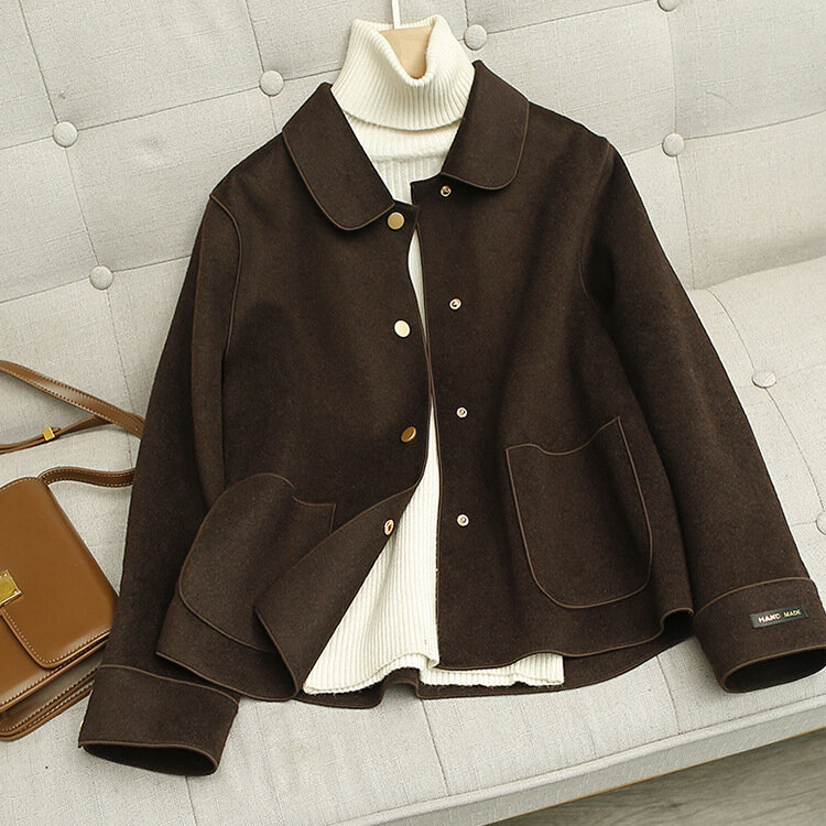 Abrigo de lana de doble cara para mujer, chaqueta de mezcla corta, cálida, cómoda y elegante, solapas lisas hechas a mano, Primavera