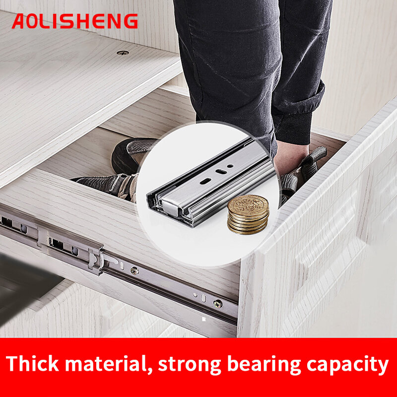 AOLISHENG Cabinets Stainless Steel Three Fold Full Extended Ball Bearing Guide Rail Buffer Soft Close Drawer Slides Rail