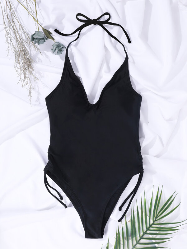 Mulheres de uma peça halter banho cordão bandagem sólido preto sem costas beachwear maiô feminino cintura alta terno de natação