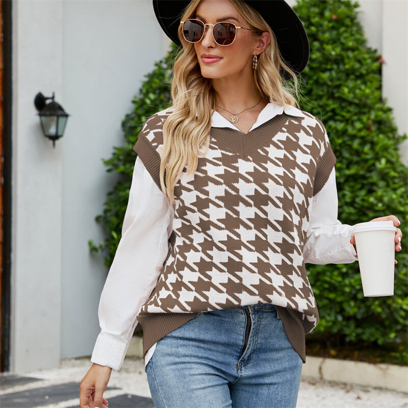 Vrouwen Trui Herfst Plaid Gecontroleerd Mouwloze Pullover Fashion V-hals Gebreide Tops Elegante Jumper Winter Vest Truien Blusas