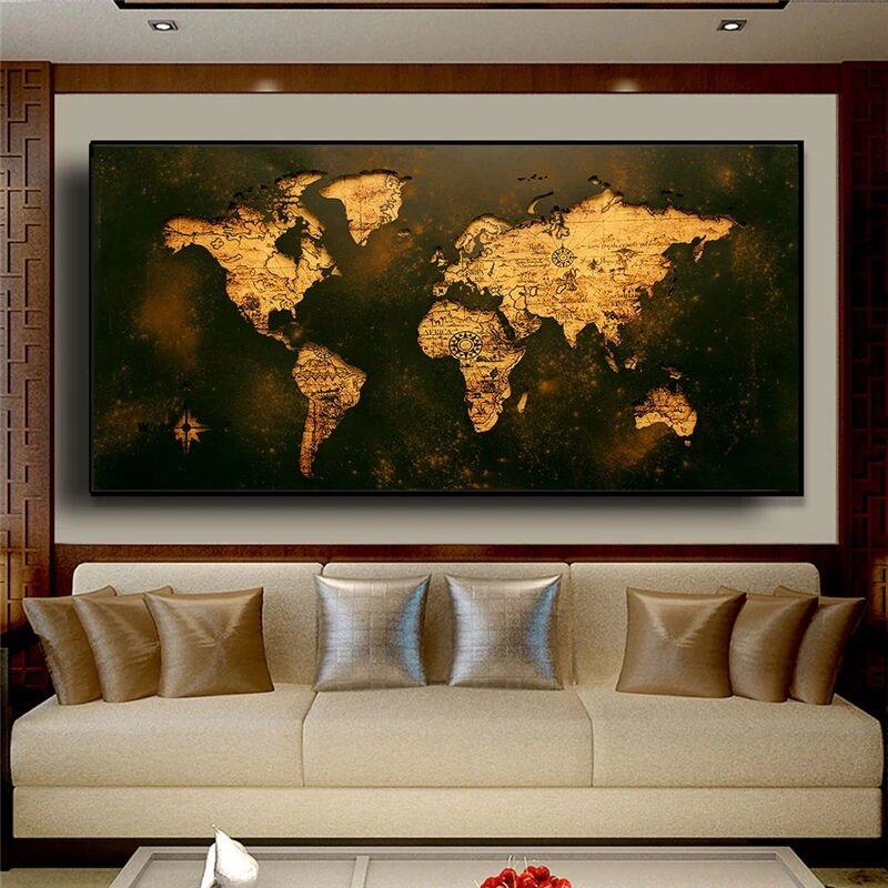 خريطة العالم المشارك قماش لوحات ديكور فني الرجعية مجردة الملصقات يطبع صور فنية للجدران غرفة المعيشة ديكور المنزل كوادروس