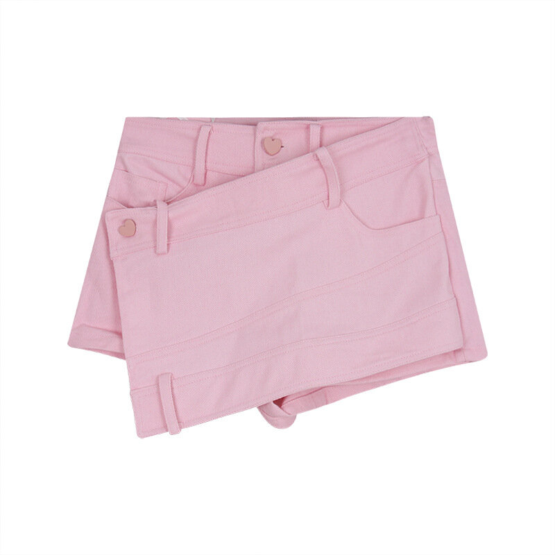 2022 New Summer Women's Pink Love Button Short Skirt Pants Women's High Waist Slim Shorts Woman Clothes Traf Clothing Denim