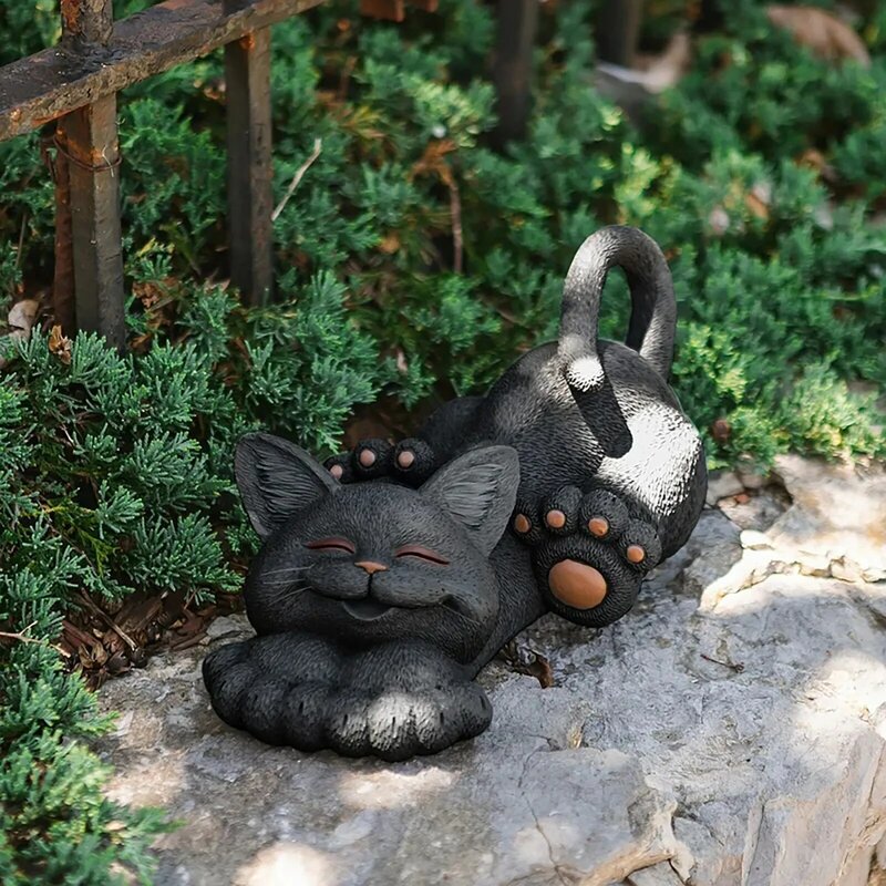 1pc gato feliz caprichoso gato lounging jardim estátua decoração ao ar livre miniatura artesanal estatueta animal resina jardim craft2021