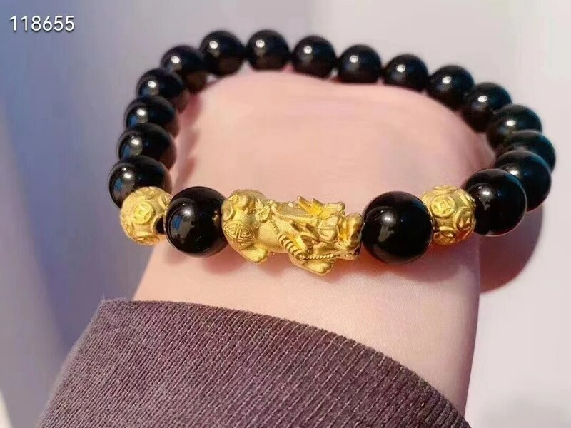 24K Reinem Gold Die Alte Tier Armbänder 999 Gold Frauen Schmuck Transport Wulst Obsidian Perlen Armband Shenzhen CN (herkunft)