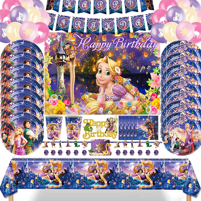 Tangled Rapunzel putri pesta ulang tahun dekorasi piring cangkir spanduk taplak meja kue Topper Balon latar belakang untuk anak perempuan Baby Shower