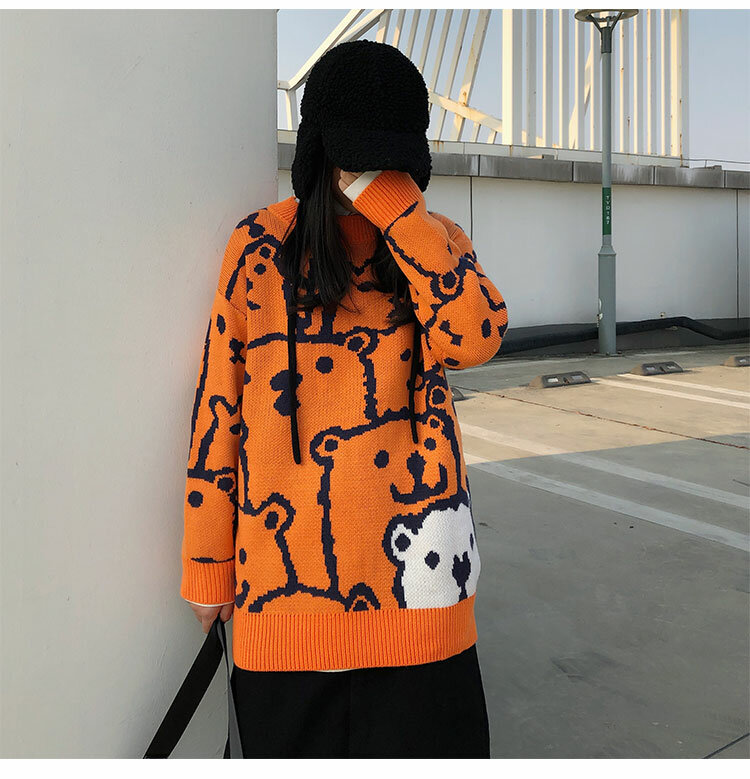 Maglione allentato Casual simpatico cartone animato Pullover lavorato a maglia arancione a maniche lunghe Vintage Harajuku moda invernale da donna