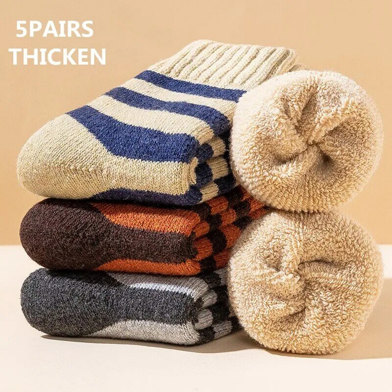 5pairs/Men's Socks Super Thick Winter Warm Wool Socks To Resist Cold Striped Terry Warm Socks Super Thick Medium Tube Wool Socks