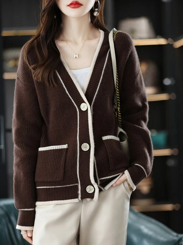 Casaco de lã pura casaco de lã feminino cardigan no outono e inverno com temperamento solto e grosso preguiçoso vento casaco camisola