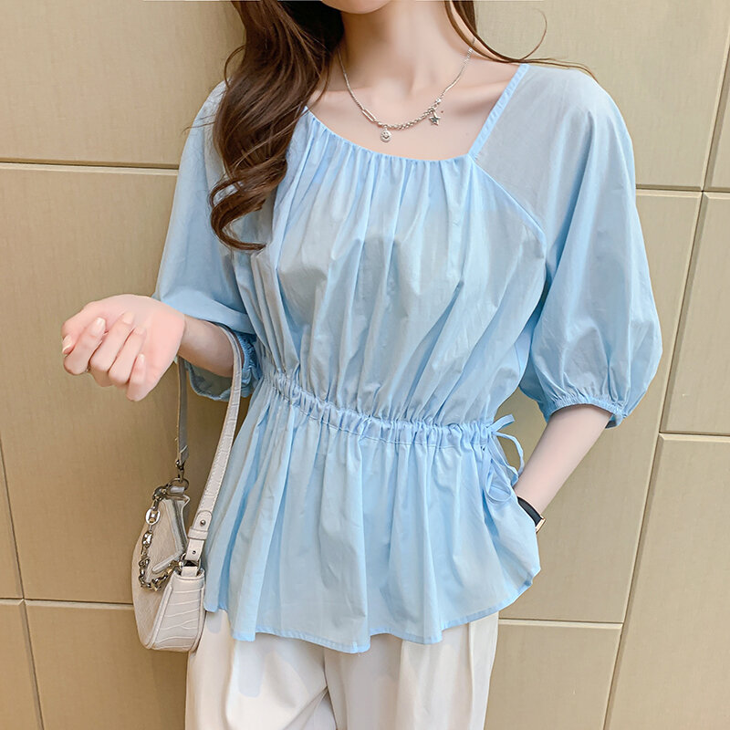 Women Blouse Fashion Korean Style Short-sleeved Pleated All-match 2022 Summer New Loose Thin Square Neck Female Tops 682j