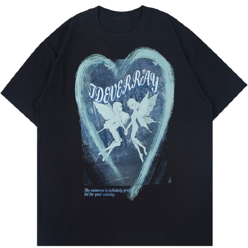 Wróżka drukuj serce Graffiti koszulki dla pary lato O-Neck przytulne Casual topy główna ulica Harajuku Streetwear Punk e-girl T-shirt