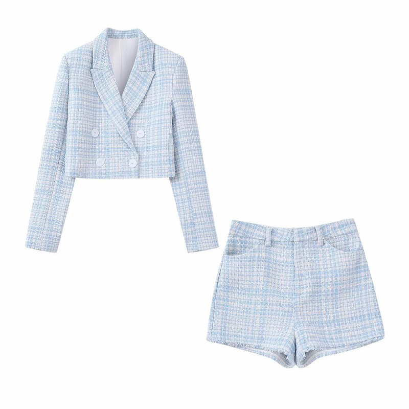 Traje corto informal texturizado para Mujer, chaqueta de manga larga con doble botonadura, traje femenino de estilo clásico y pantalones cortos, moda elegante, nuevo