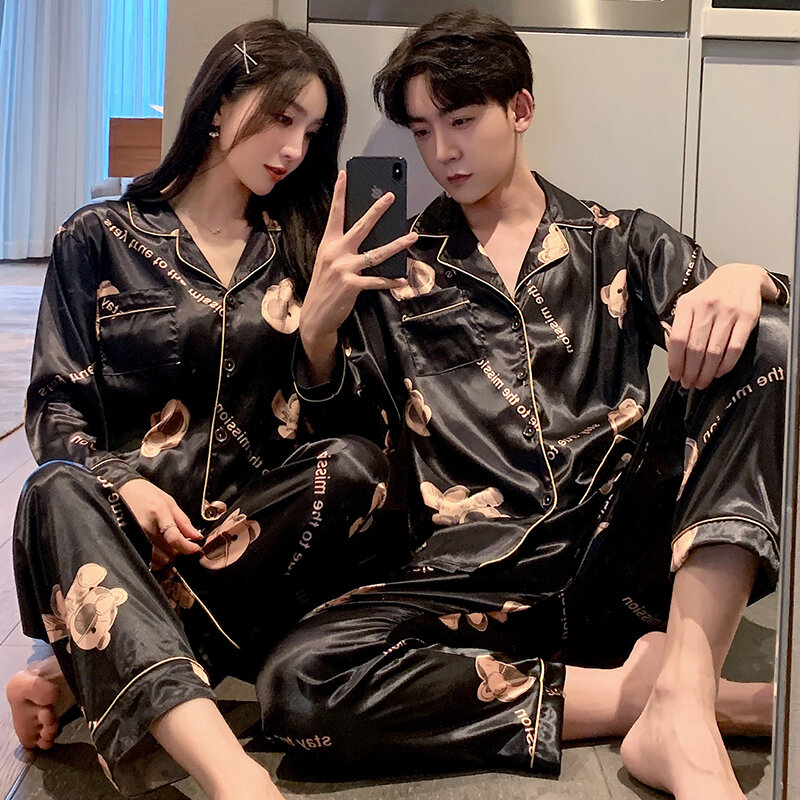Terno botão de seda M-5XL moda pijamas casal homem pijamas pj loungewear conjunto tamanho pijamas longo feminino cetim mais conjunto