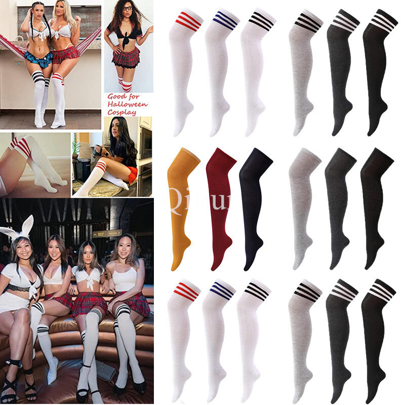 Meias de compressão preto branco listrado meias longas mulheres coxa meias altas sobre o joelho lolita senhoras meninas joelho meias altas