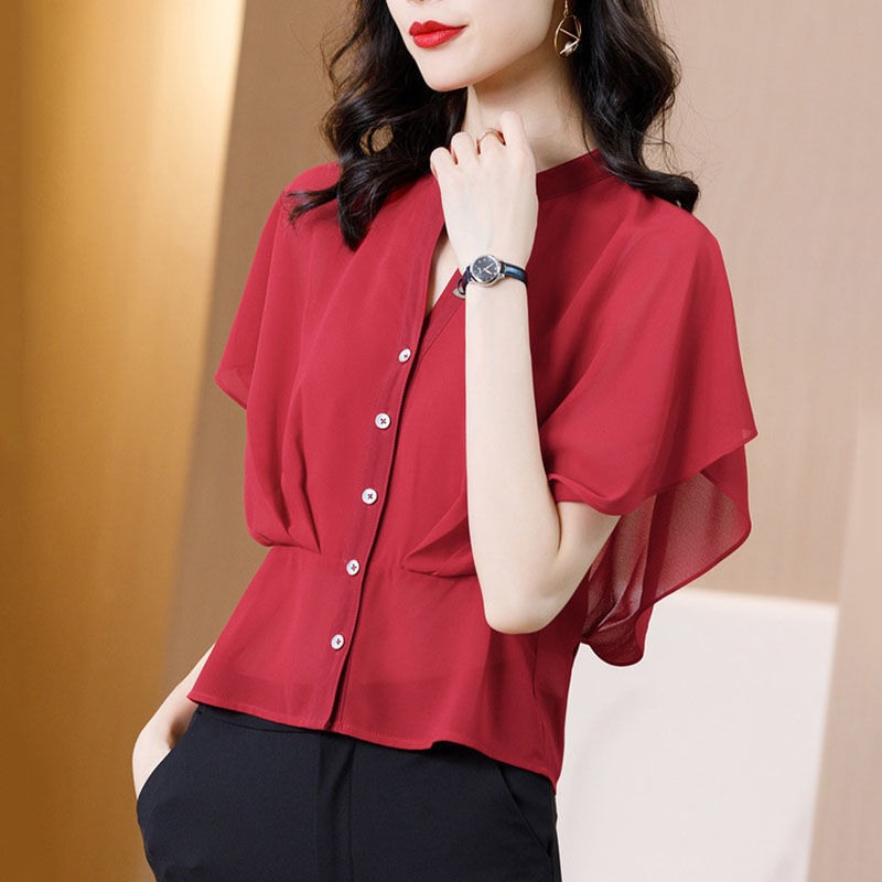 Elegancka moda rękaw w kształcie skrzydła nietoperza szyfonowe koszule damskie ubrania 2022 Summer Office Lady jednokolorowa na co dzień podmiejska bluzka z guzikami kobieta