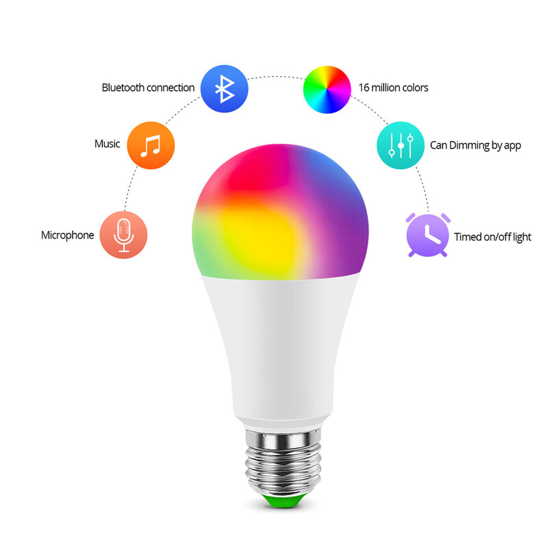Bombilla LED E27 RGBW con Bluetooth, 110V, 220V, 5W, 10W, 15W, RGB, lámpara colorida cambiable con control remoto y modo de memoria
