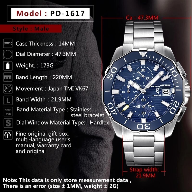 PAGANI Men's Military Sport Chronograph Quartz Wrist Watch 100M Waterproof Stainless Steel Top Brand Luxury geneva watch