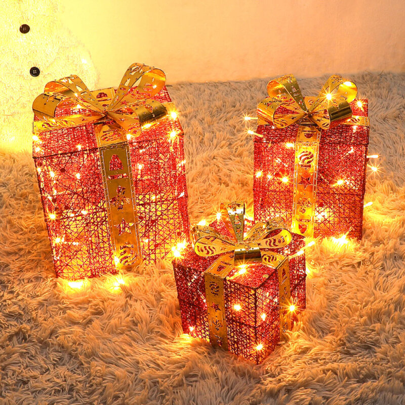 LMC 3pcs/set Decoration Gift Box Ornaments With LED Lights Luminous Iron Hollow Gift Box Festival Supplies Scene Layout Gift Box