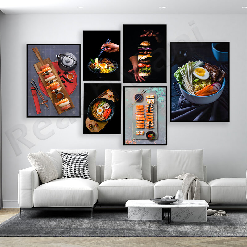 Affiche typographique de cuisine japonaise, sushi, soupe de ramen, hamburger, nouilles de ramen, décoration de nourriture délicieuse