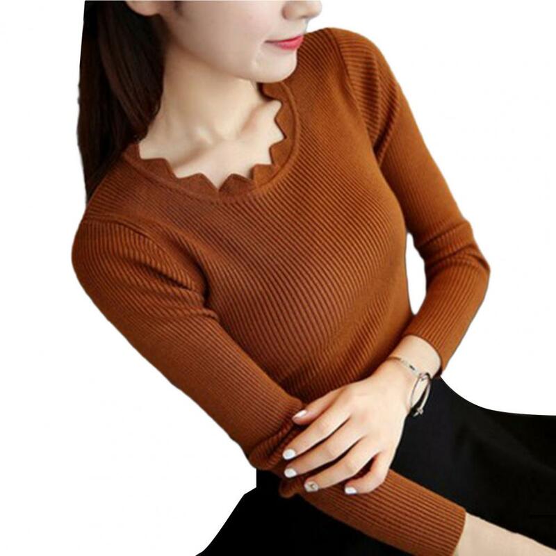 Long Sleeve Top Stylish Neck Women's Knitted Sweaters for Autumn Winter Slim Fit Long Sleeve Solid Color Tops Long Sleeve