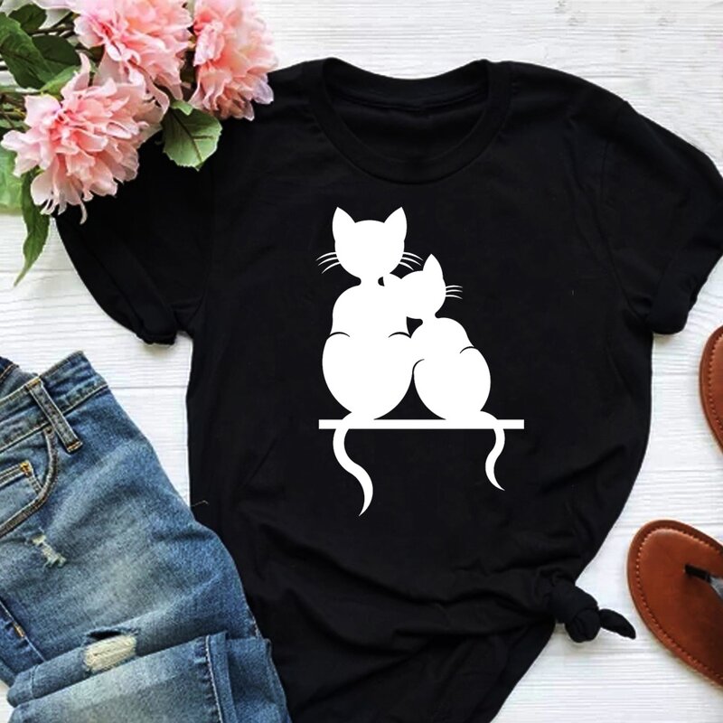 Bonito gato impressão t-shirts para as mulheres verão adorável manga curta camisetas casuais engraçado senhoras em torno do pescoço topos