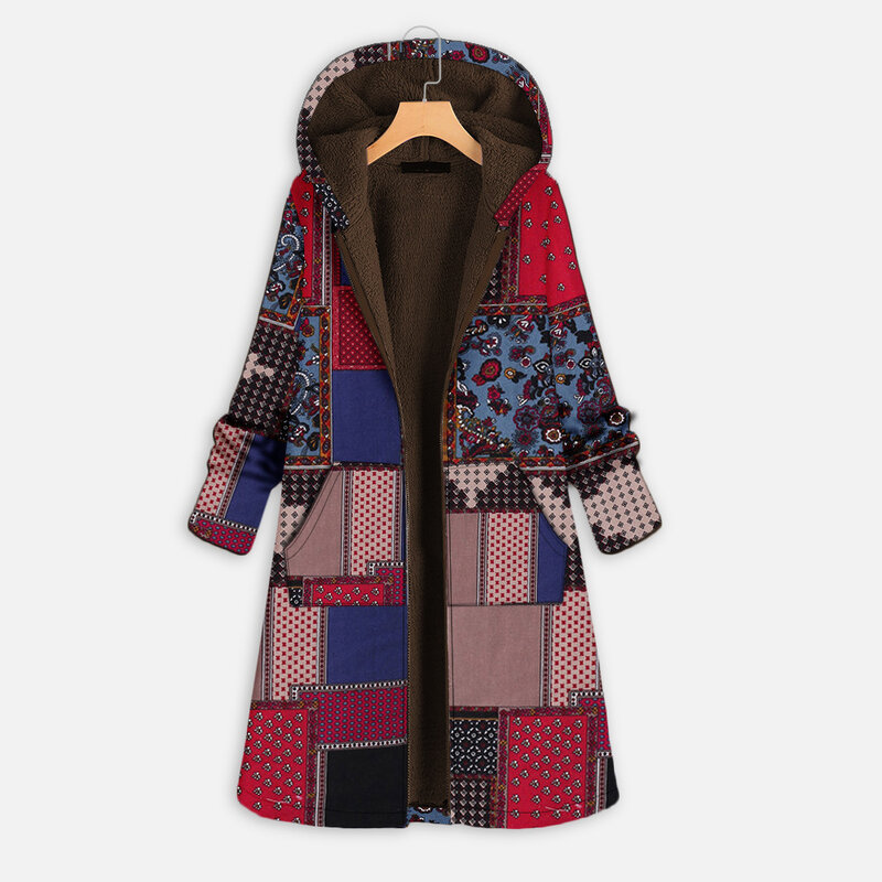 2022 Winter Vintage Women Coat Warm Ethnic Style Printing Long Jacket with Pocket Ladies Outwear Loose Coat for Women
