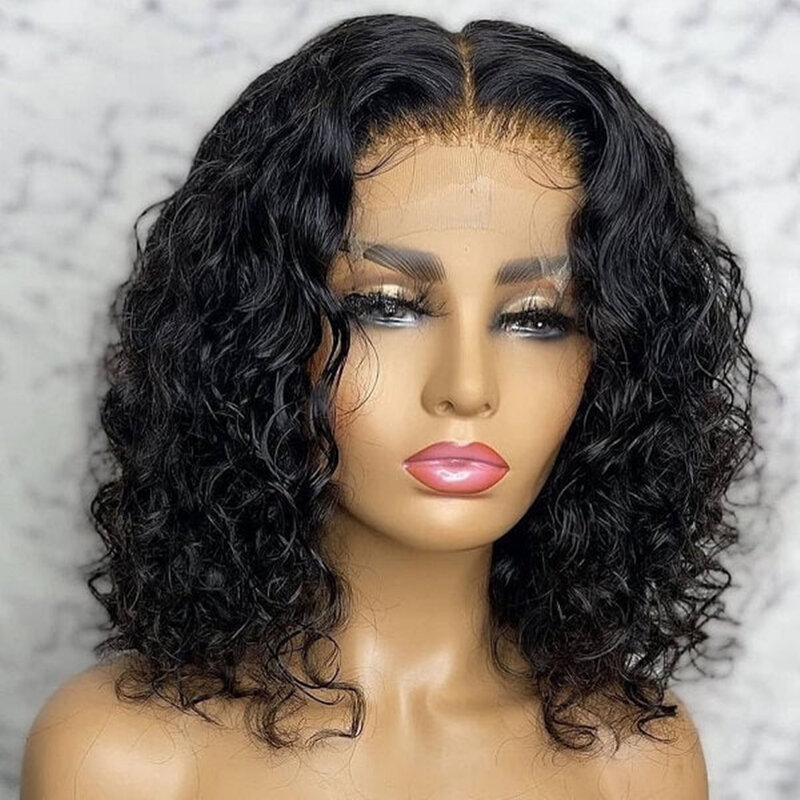 Wig Rambut Manusia Berenda Pendek Gelombang Air Wig Berenda Transparan Brasil Wig Berpenutup 4X4 Keriting untuk Wanita Kulit Hitam Diskon Rambut Berkilau