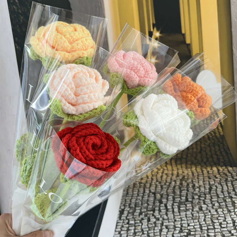 1 Buah Rajutan Bunga Mawar Tulip Bunga Palsu Buket Dekorasi Pernikahan Tenunan Tangan Meja Rumah Menghias Kreatif Buket Rajut