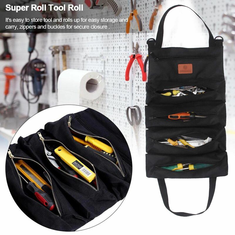Rouleau d'outils de travail, organisateur polyvalent, sac en toile à enrouler, grande clé suspendue, Super grande poche à fermeture éclair, fourre-tout