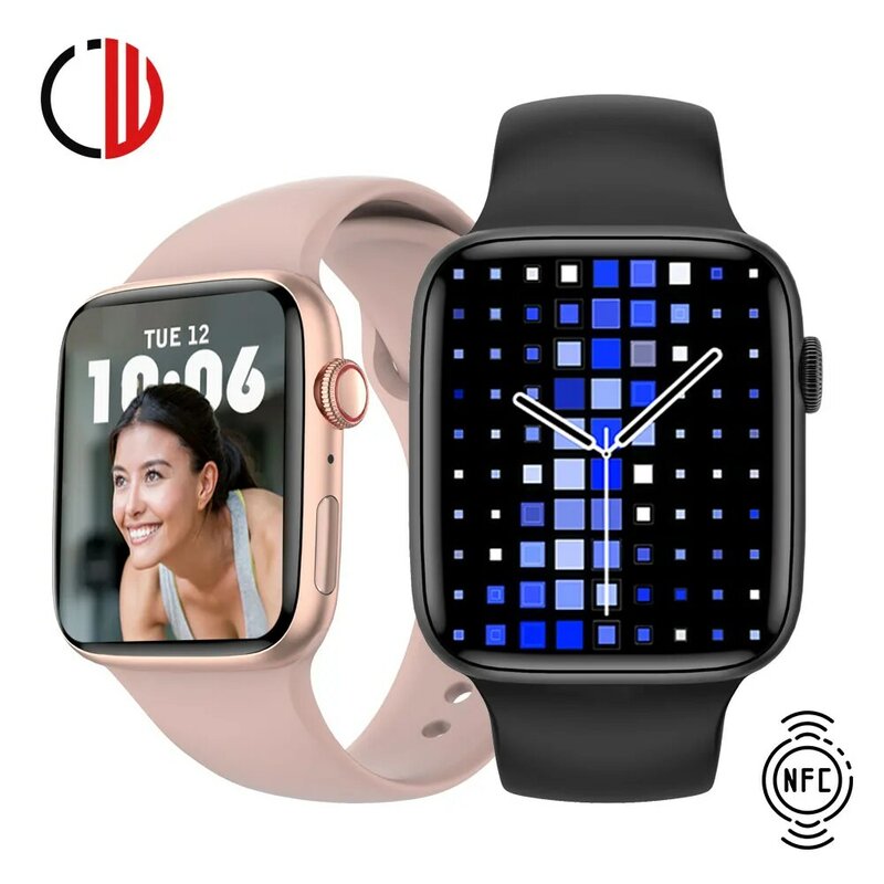Czjw dt7 + relógio inteligente masculino série 7 chamada bluetooth nfc feminino smartwatch carregador sem fio pk iwo13 w27 w37 pro hw22 aptidão tracke